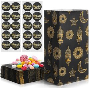 Saypacck 30 Pcs Eid Mubarak Gift Bags with Eid Stickers Ramadan Party Favors Eid Treat Goodie paper Bags for Kids Candies Cookie Snack Bags For Muslim Ramadan Theme Party Eid Event (Black)