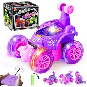 Rc Stunt Car, Remote Control Car for Girls 3 4-7 8-12 Years Old 4WD Rechargeable RC Cars Toy Vehicle with 360° Rotation, 3D Lights & Music, Pink Purple