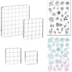Acrylic Stamp Block - 4pcs Clear Stamping Blocks with Grid Lines for DIY Scrapbooking, Card Making, Stamping Tool - Assorted Sizes