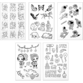 5 Sheets Decorative Clear Stamps, Transparent Silicone Stamps for Crafting, Rubber Clear Stamps for Card Making and DIY Scrap Booking Decoration Album Crafts (Clear)
