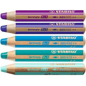 STABILO Multi-talented Pencil woody 3-in-1 - Blue Tones Box of 5 - Violet, Ultramarine, Blue, Cyan Blue & Turquoise + Sharpener