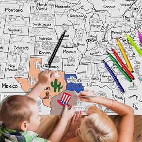 US Map Coloring Poster for Kids Birthday Party 54 x 33 in America Map Backgrounds for Kids Disposable Color-in Paper Table Cover for Patriotism, Memorial Day, Independence Day Party