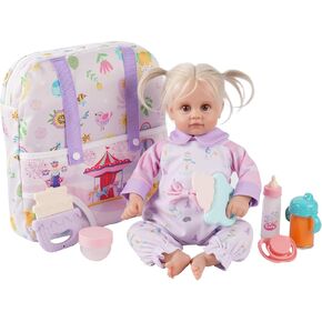 BABESIDE 9 Pcs Baby Doll Clothes with Baby Doll Backpack Carrier for 12-15 Inch Dolls, Baby Doll Accessories Set with Doll Bottles Doll Pacifiers and Baby Backpack for Toddler Girls Pretend Play Toys