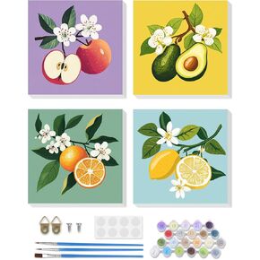 RICUVED Paint by Number for Adults Framed Canvas, 4 Pack Paint by Number Kits Fruit Arts and Crafts for Adults Beginner, Easy DIY Acrylic Oil Painting Number Kits for Home Wall Decor(8X8inch)