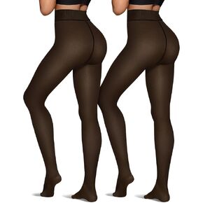 OEAK Womens 2 Pairs Fleece Lined Tights Leggings Sheer Fake Translucent Pantyhose Thermal High Waisted Footed Opaque Tights