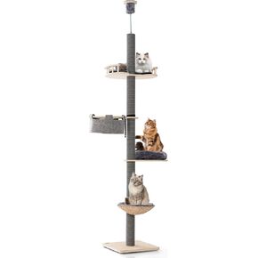 Petsite من الأرض إلى السقف من شجرة القط مع ارتفاع 93 "-107" قابلة للتعديل ، قطب تسلق القطط الخشبية 5 مستويات مع الخدش ، أرجوحة دافئة وسرير سلة ، وبرج قطة من الأرض إلى السقف