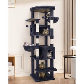 S74 Heavy Duty Cat Tree, 74in Sturdy Cat Tree for Large Cats 20 lbs, Big Cat Tree with 5 Sisal Scratching Posts, 2 Padded Condos, 2 Dual-Ear Hanging Baskets, Enlarged Top Perch, Dark Grey