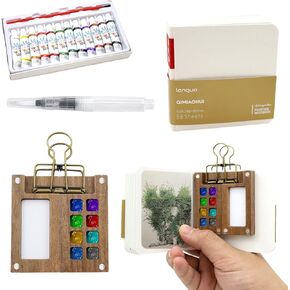 Mini Portable Watercolor Palette Set, zxbaers Watercolor Paint Set Travel Kit,Walnut Palette Box,Wooden Grid Paint Box，Watercolor Brush Pens with Binder Clips for Painters Artists Students