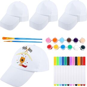 sgbetter 36 pcs الكبار DIY قبعات البيسبول فارغة مجموعة 18 قبعات البيسبول البيضاء 12 علامة القلم 12 ألوان شرائط الطلاء الأكريليك و 4 فرش الطلاء لمستلزمات الحفلات DIY