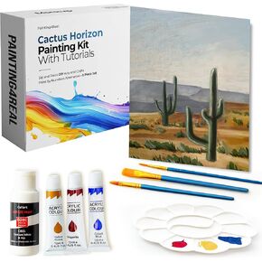 Painting4Real DIY Painting Class Kit for Adults with Video Tutorials: Learn to Paint Cactus Horizon – How to Paint with Acrylics – Painting & Art Supplies – 9 Piece Acrylic Paint Set
