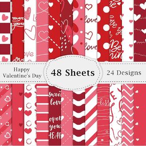 48 Sheets Valentine Craft Paper 12 X 12 Scrapbooking Paper, Red Valentine's Day Pattern Paper Bulk 24 Styles Pink Heart Decorative Craft Paper DIY Supplies for Kids Adults Journal Photo Album