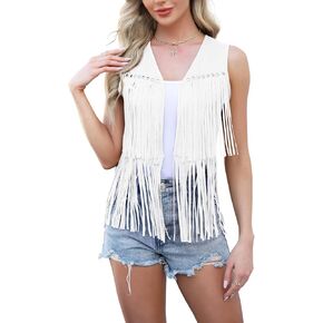 Anbech Women's Fringe Vest Cowgirls Sleeveless Tassel Jacket Faux Suede 70s Hippie Cardigan (L, Brown)