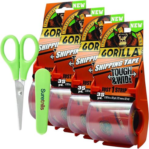 Gorilla Packing Tape with Dispenser, 30 Yards, Tough & Wide Clear Packing Tape, 2.83" X 35Yd - Bundle with Paper Scissors, Heavy Duty Adhesive for Moving, Shipping, Storage [Pack of 4] in Kuwait