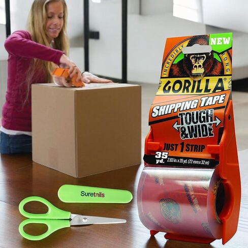 Gorilla Packing Tape with Dispenser, 30 Yards, Tough & Wide Clear Packing Tape, 2.83" X 35Yd - Bundle with Paper Scissors, Heavy Duty Adhesive for Moving, Shipping, Storage [Pack of 4] in Kuwait