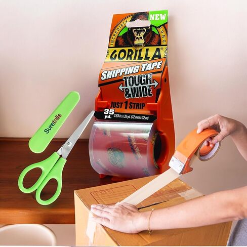 Gorilla Packing Tape with Dispenser, 30 Yards, Tough & Wide Clear Packing Tape, 2.83" X 35Yd - Bundle with Paper Scissors, Heavy Duty Adhesive for Moving, Shipping, Storage [Pack of 4] in Kuwait