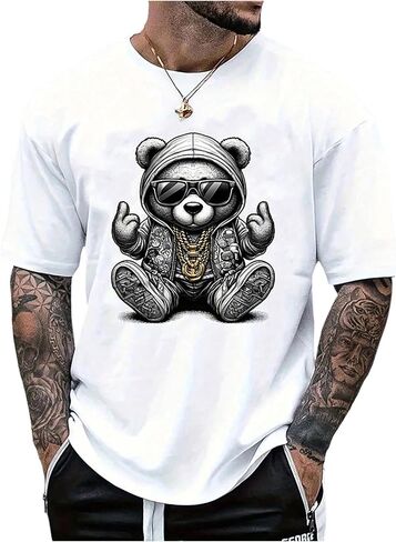 GORGLITTER Men's Bear Graphic Round Neck Tees Top Short Sleeve Oversized Casual Summer T Shirt in Saudi Arabia