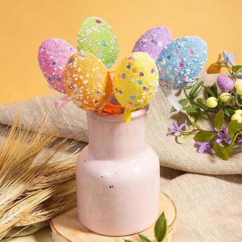 12 Pcs Foam Easter Egg Picks Decorative Sticks Colorful Egg Creative Floral Arrangement Eggs Twig Picks Centerpiece Cake Vase Decoration for Easter Birthday Home Holiday Party Supplies in Saudi Arabia