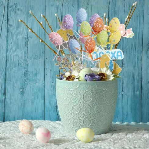 12 Pcs Foam Easter Egg Picks Decorative Sticks Colorful Egg Creative Floral Arrangement Eggs Twig Picks Centerpiece Cake Vase Decoration for Easter Birthday Home Holiday Party Supplies in Saudi Arabia