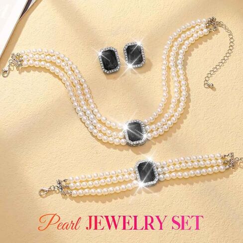 Brishow Pearl Necklace Jewelry Set Wedding Pearls Earrings Necklaces Set Bridal Crystal Bracelet Jewelry for Women (Pack of 3) in Saudi Arabia