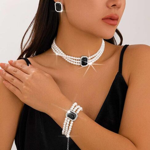 Brishow Pearl Necklace Jewelry Set Wedding Pearls Earrings Necklaces Set Bridal Crystal Bracelet Jewelry for Women (Pack of 3) in Saudi Arabia