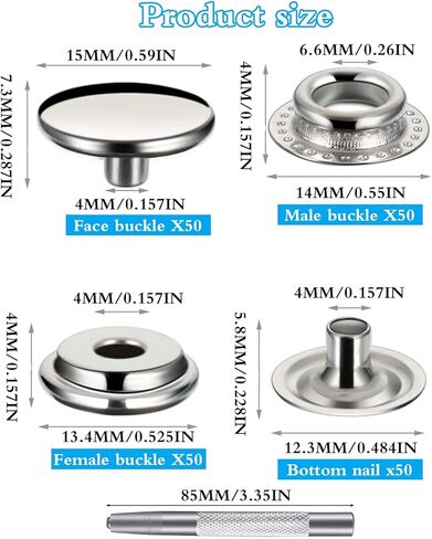 200pcs(50Sets) snap Buttons,snap Fasteners kit 15mm Stainless Steel Snaps Marine Grade Boat Canvas Snaps,3/8" Socket Metal Snaps for Clothing Leather Boat Cover Fabric in Kuwait