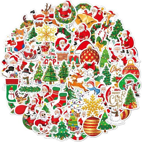 100Pcs Christmas Tree Themed Stickers,Non Repeating Christmas Children's Cartoon Santa Claus, Christmas Tree Themed Stickers, Vinyl Waterproof Holiday Party Stickers(Bright Film(Kids)) in Saudi Arabia