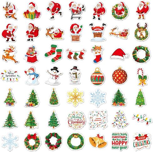 100Pcs Christmas Tree Themed Stickers,Non Repeating Christmas Children's Cartoon Santa Claus, Christmas Tree Themed Stickers, Vinyl Waterproof Holiday Party Stickers(Bright Film(Kids)) in Saudi Arabia