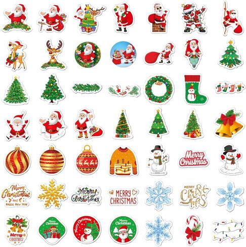 100Pcs Christmas Tree Themed Stickers,Non Repeating Christmas Children's Cartoon Santa Claus, Christmas Tree Themed Stickers, Vinyl Waterproof Holiday Party Stickers(Bright Film(Kids)) in Saudi Arabia