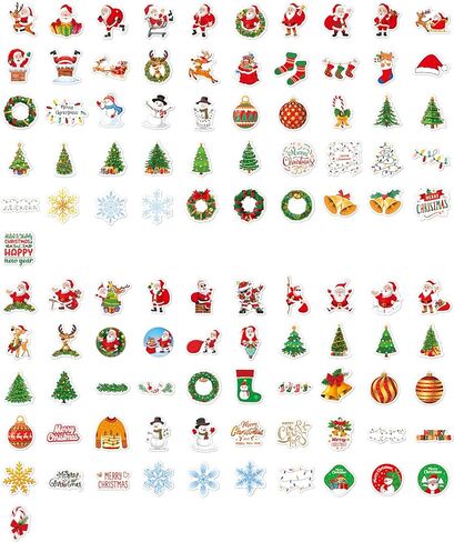 100Pcs Christmas Tree Themed Stickers,Non Repeating Christmas Children's Cartoon Santa Claus, Christmas Tree Themed Stickers, Vinyl Waterproof Holiday Party Stickers(Bright Film(Kids)) in Saudi Arabia
