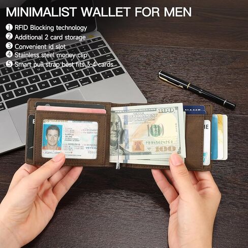 SENDEFN Slim Wallet for Men with Money Clip Wallet RFID Blocking Bifold Genuine Leather Minimalist Card Holder with ID Window in Kuwait
