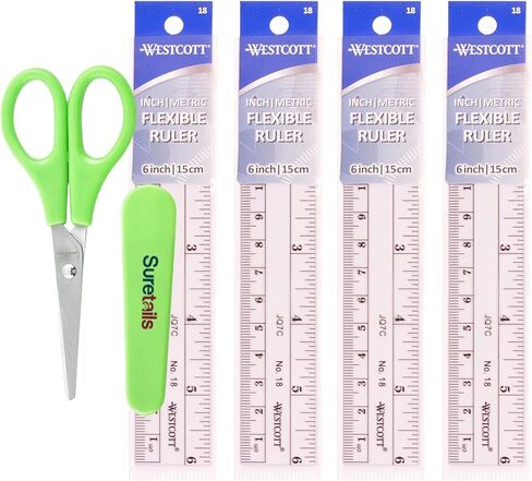 6 Inch Metric Ruler Flexible, Plastic Translucent Ruler, Measurement Tool With Imperial And Metric Scales, For Students And Professionals, Bundled With Suretails Paper Scissors - [Pack of 4] in Kuwait