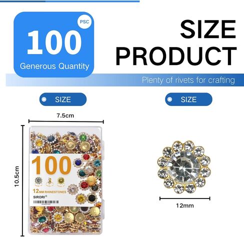 100Pcs 12MM Rhinestones for Crafting Crystal Rhinestones for Crafts Bulk Metal Flat Back Rhinestones for Clothes Rhinestones for Bedazzling (Assorted) in Saudi Arabia