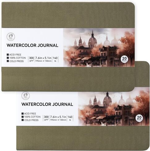 Lightwish Watercolor Sketchbook, 100% Cotton Cold Press Art Supplies Watercolor Paper Journal 7.6 * 5.1In, 2 Pack 40 Sheets (140lb/300gsm), Acid-Free for Watercolors, Gouache, Acrylics in Kuwait
