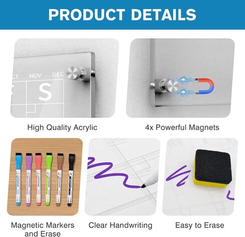 تقويم الأكريليك المغناطيسي للثلاجة 16 "x12" Clear Clendar التقويم الجاف للمحو الجاف للمحفزات المغناطيسية (2 مجموعة) من السبورة المغناطيسية للثلاجة ، وتشمل 6 أنواع منتجات in Saudi Arabia