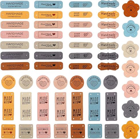 56 PCS ملصقات جلدية مصنوعة يدويًا للحياكة الكروشيه العلامات المخصصة لعلامات الألياف الدقيقة قابلة للطي ، علامات متماسكة على إكسسوارات مع ثقب للقبعات بينز أحذية الحياكة in Kuwait