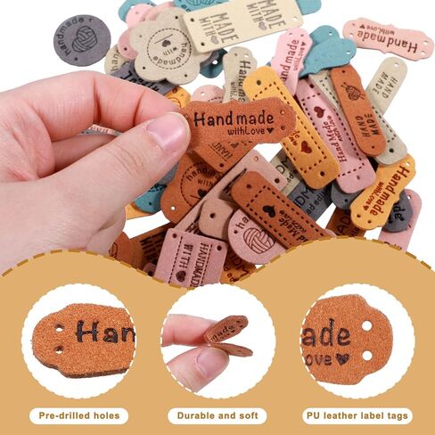 56 PCS ملصقات جلدية مصنوعة يدويًا للحياكة الكروشيه العلامات المخصصة لعلامات الألياف الدقيقة قابلة للطي ، علامات متماسكة على إكسسوارات مع ثقب للقبعات بينز أحذية الحياكة in Kuwait