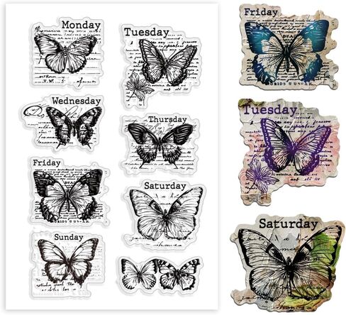 PH PandaHall Butterfly Clear Stamps, Vintage Week Label Silicone Stamp Transparent Seal Stamps Rubber Stamps for Paper Crafting Handmade Crafts Scrapbooking Supplies Crafts, 4.3x6.29inch in Saudi Arabia