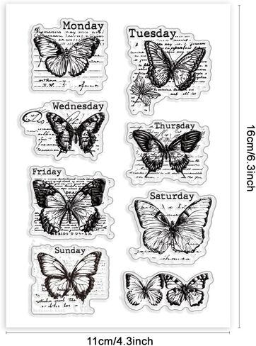 PH PandaHall Butterfly Clear Stamps, Vintage Week Label Silicone Stamp Transparent Seal Stamps Rubber Stamps for Paper Crafting Handmade Crafts Scrapbooking Supplies Crafts, 4.3x6.29inch in Saudi Arabia