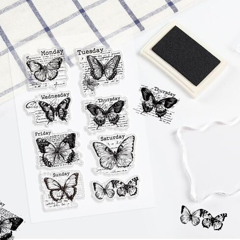 PH PandaHall Butterfly Clear Stamps, Vintage Week Label Silicone Stamp Transparent Seal Stamps Rubber Stamps for Paper Crafting Handmade Crafts Scrapbooking Supplies Crafts, 4.3x6.29inch in Saudi Arabia