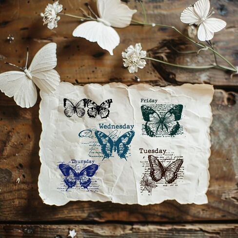 PH PandaHall Butterfly Clear Stamps, Vintage Week Label Silicone Stamp Transparent Seal Stamps Rubber Stamps for Paper Crafting Handmade Crafts Scrapbooking Supplies Crafts, 4.3x6.29inch in Saudi Arabia