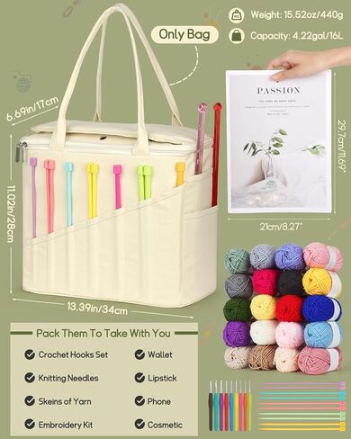 منظم كيس الكروشيه الكبير ، حقيبة حياكة لتخزين الغزل - حقيبة خيوط وحمل منظم ، حامل الغزل للكروشيه ، إكسسوارات الكروشيه ، خيوط الكروشيه ، هدايا باردة للكروشيهات ، أبيض in Kuwait