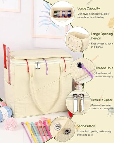 منظم كيس الكروشيه الكبير ، حقيبة حياكة لتخزين الغزل - حقيبة خيوط وحمل منظم ، حامل الغزل للكروشيه ، إكسسوارات الكروشيه ، خيوط الكروشيه ، هدايا باردة للكروشيهات ، أبيض in Kuwait