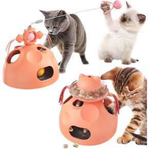 Interactive Cat Toy for Indoor Cats, 4-in-1 Modular Design with Cat Treats Puzzle Slow Feeder, Ambush Wand, Ball Maze & Spinning Ball | Kitten Enrichment Toys for Indoor
