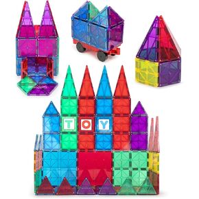 Playmags Magnetic Tiles Building Set 56 Pcs Set with Car - Super Durable Magnet Blocks, STEM Development Kids Building Toys for Boys Girls & Toddlers