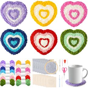 WATINC Heart Punch Needle Coaster Kit - 22Pcs Easy Art Work Decor Craft Supplies Kits for Beginners, DIY Set of 6 Love Pattern Tufted Rug Pads with Adhesive Felt Yarns Embroidery Hoop Instruction Gift