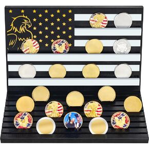 Challenge Coin Holder Display Stand, Military Coin Holder Wooden Rack with American Flag Pattern, Holds 40-70 Coins