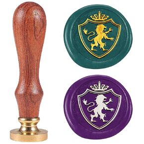 Medieval Shield Lion Wax Seal Stamp 1" Removable Brass Seal Head with Wooden Handle Vintage Embossed Envelope Punk Sealing Wax Stamp for Invitations Card Festival Gift Packag Craft Decor