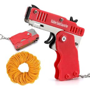 Kids Toys Cool Keychain Rubber Band Mini Metal Folding Rubber Launcher Toy with 60 Elastic Rubber Bands for Game Outdoor Activities (red)