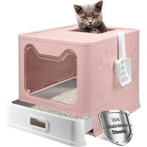 Stainless Steel Litter Box with Lid, Front Entry Top Exit Kitty Litter Box, Large Enclosed Metal Litter Box with Litter Scoop, Anti-Leakage, Non-Sticky, Easy Cleaning Cover Litter Box