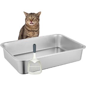 BNOSDM Stainless Steel Litter Box 2 Pcs Cat Litter Pan for Kitten, Pet Metal Toilet Boxes with Non-Slip Foot Mats and Litter Scoop, Easy to Clean (18x14x4)